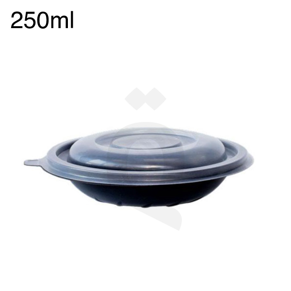 [006011] 250ml PP Black Plastic Bowl With Lid Clear 240/ctn