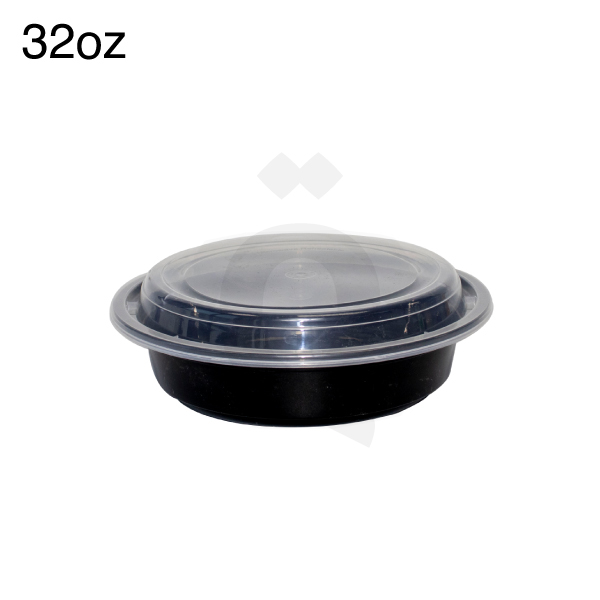 [006014] 32oz PP Plastic Black Round Bowl with Clear Lid 150/ctn