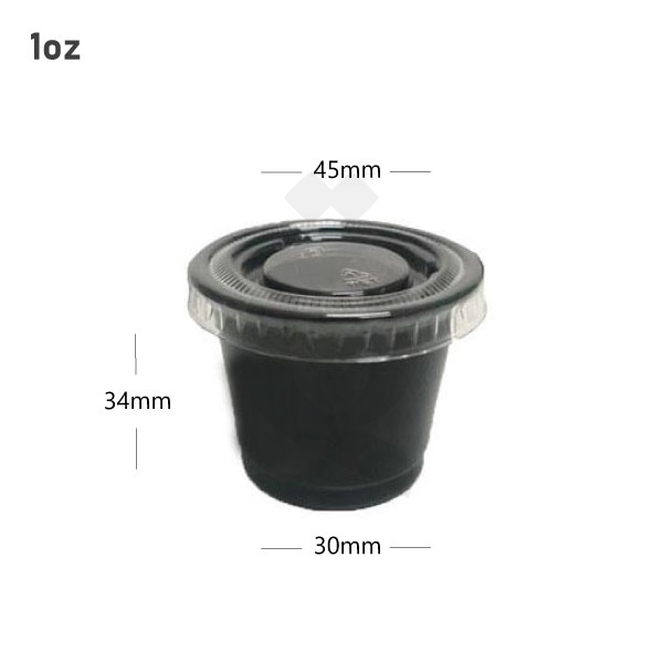 [006023] 1oz PP Plastic Black Sauce Cup with PET Clear Lid 2000/ctn